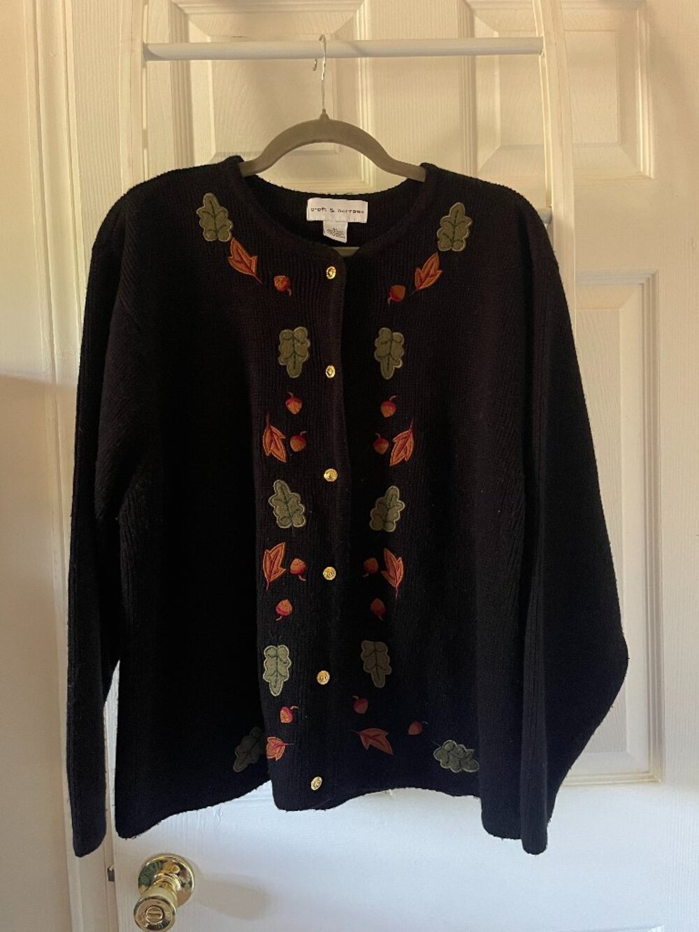 VTG Croft & Barrow Fall Autumn Leaf Acorn Cardigan Sweater XL Black Button
